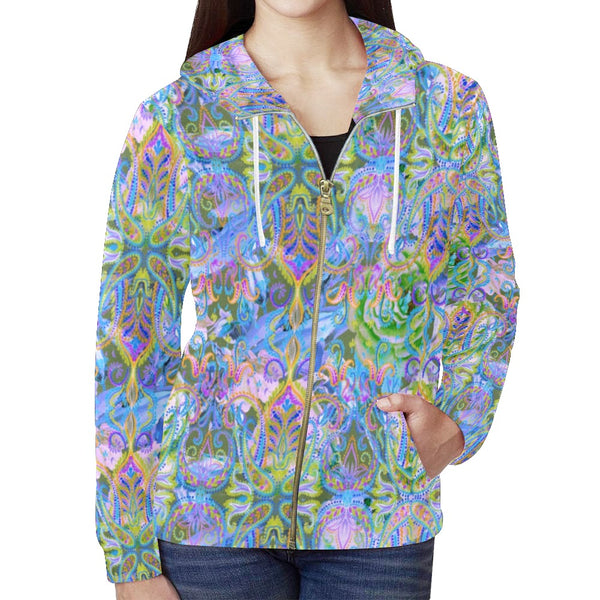 Demure Bleu Hooded Sweatshirt All Over Print Full Zip Hoodie for Women (Model H14)