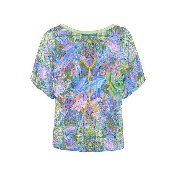 Demure Bleu-Lime Batwing Blouse