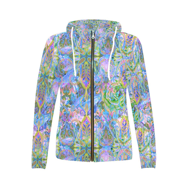 Demure Bleu Hooded Sweatshirt All Over Print Full Zip Hoodie for Women (Model H14)