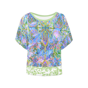 Demure Bleu-Lime Batwing Blouse