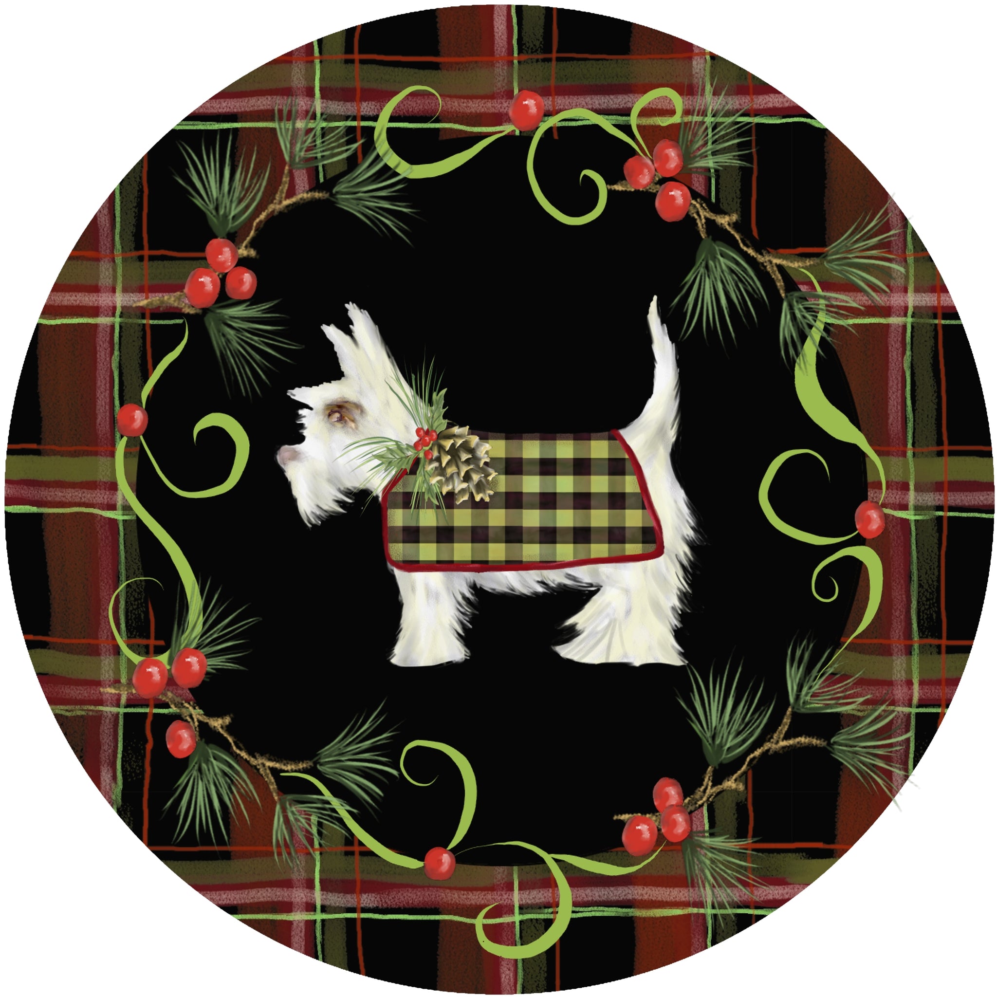 Holiday Splendor- Red Plaid on Black, White Scotty